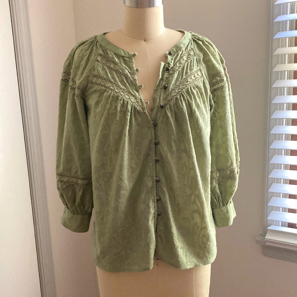 Anthropologie Peasant Style Sage Green Cotton Blouse